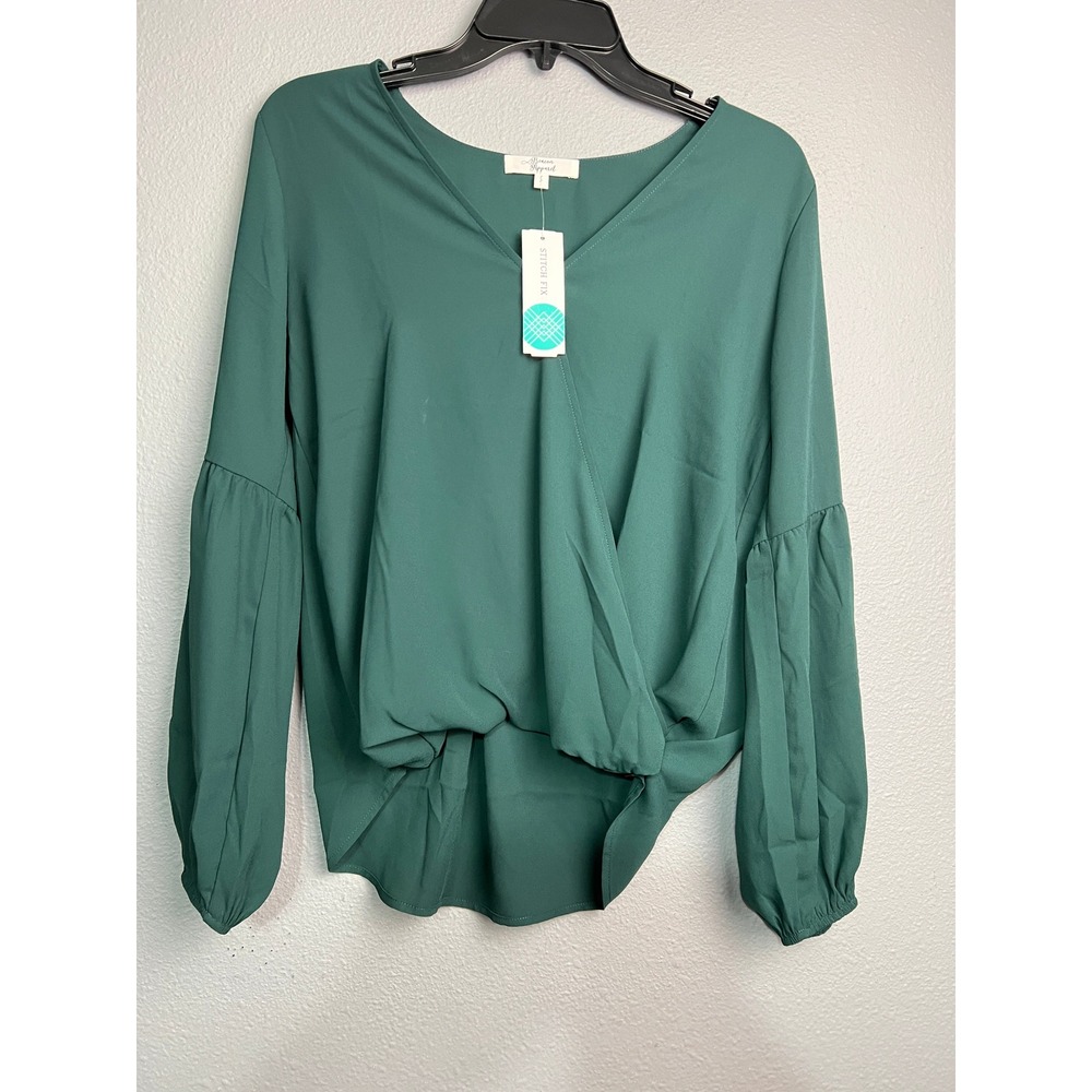 NWT Beacon Apparel Andy Surplice Blouse Dark Green V-Neck Balloon Sleeve Small